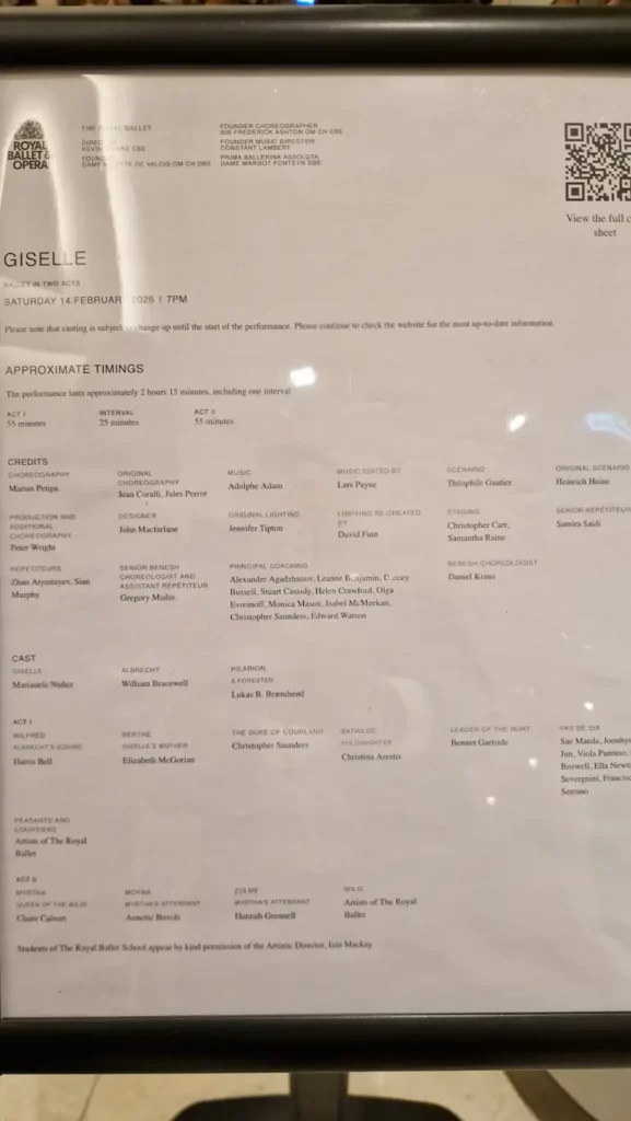 Rollelisten til Giselle i Royal Opera House 14. februar 2026